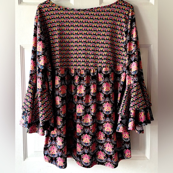 NY Collection Pink Black Boho Print Double Ruffle Bell Sleeve Knit Blouse 2X ? - Picture 4 of 6